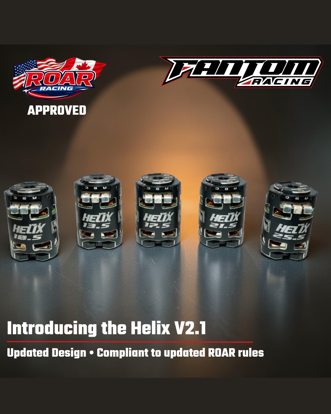 Helix V2.1 motors with ROAR and Fantom Racing branding on a dark background
