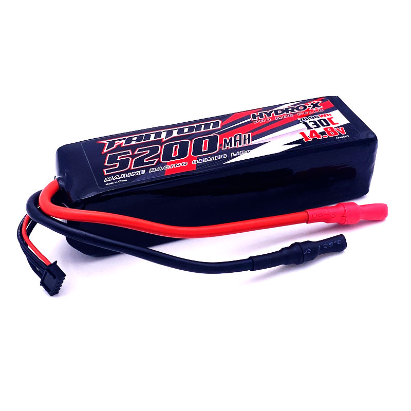 5200mAh, 130C, 14.8v, 4-Cell (4S), Hydro-X Marine Racing Series LiPo, 8mm Male/Female Bullet Connector
